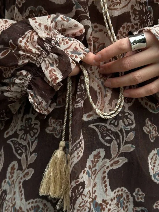 Coffee Brown Boho Women's Cashew Flower Print Shirt - Picture 4 of 8